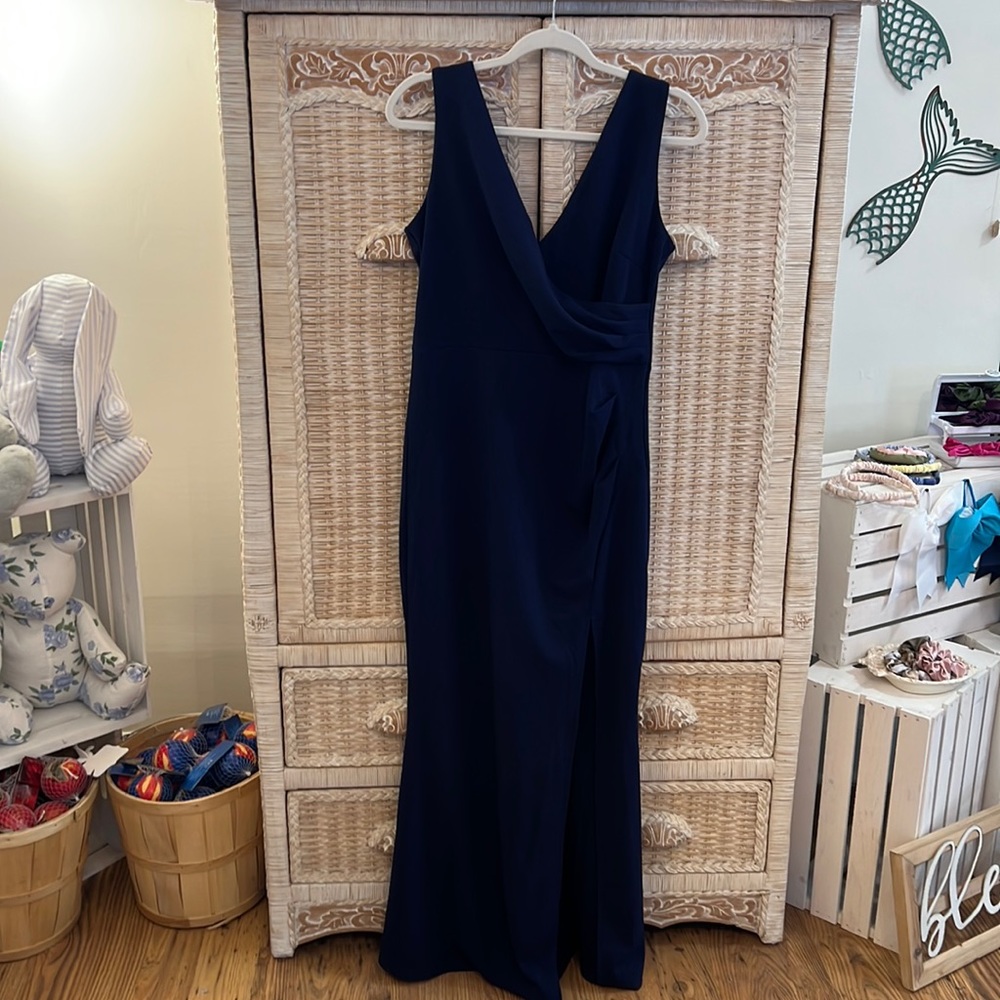Beautiful navy “v” (front & back)~large~high slit~floor length dress